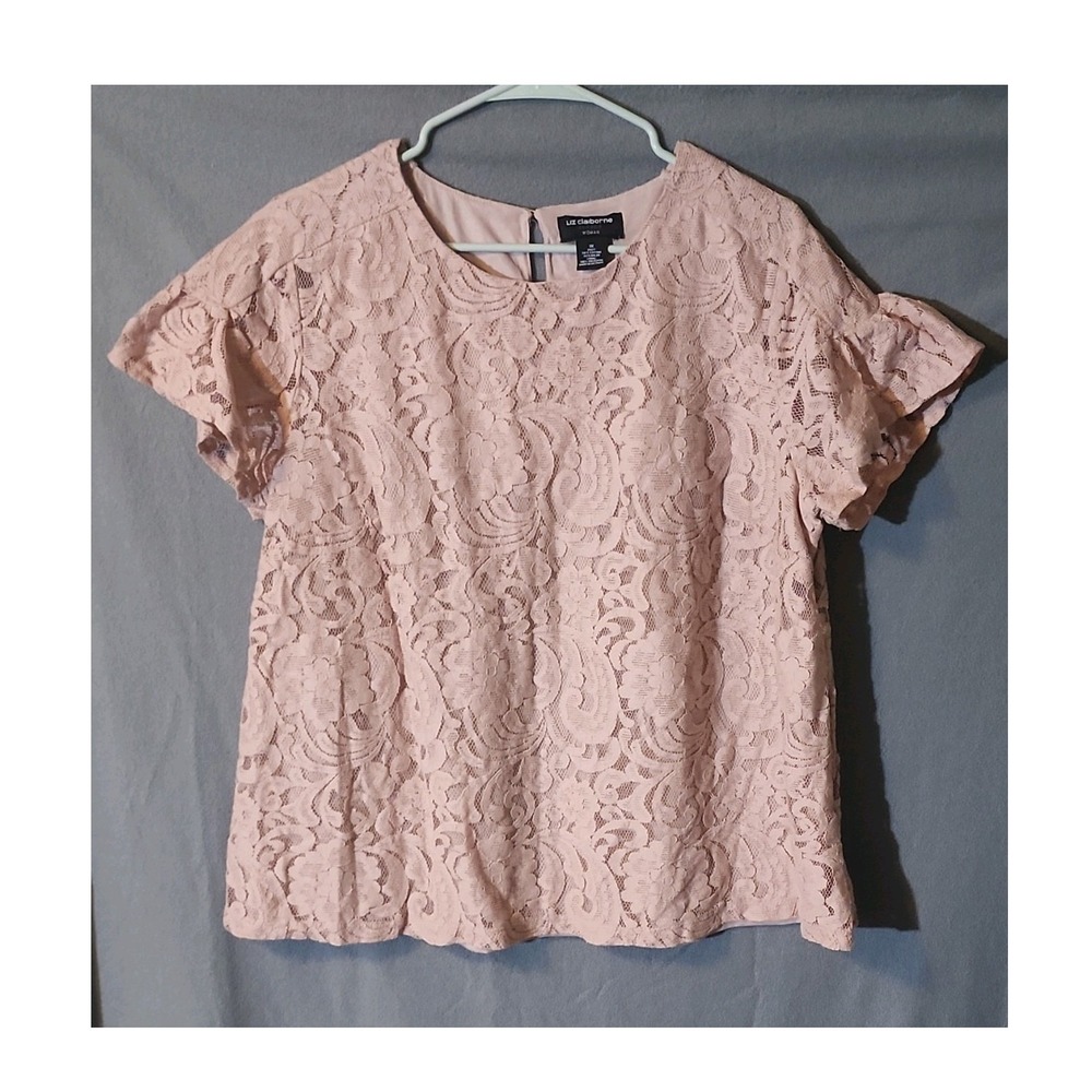 Liz Claiborne Pink Lace Floral Button Blouse 1X Short Sleeve